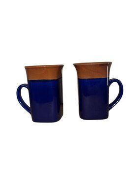 Royal Norfolk Ceramic Coffee Mugs Set Of 2 Brown & Blue 16 Oz Tall Square Design